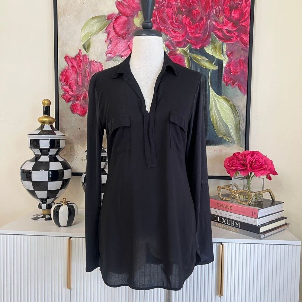 Splendid Women's Shirting Long Sleeve Pocket Rayon Tunic Blouse Top Black Small